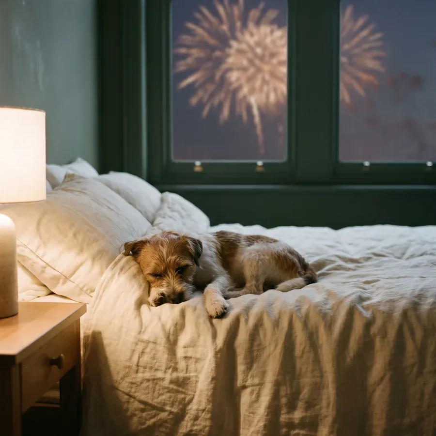 Perro pequeño descansando en una manta cremosa mientras al fondo se ven fuegos artificiales suaves
