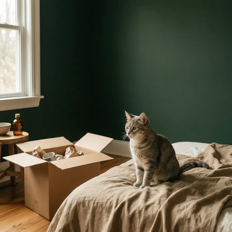 Gato observando con calma una caja de mudanza en una habitación luminosa nueva