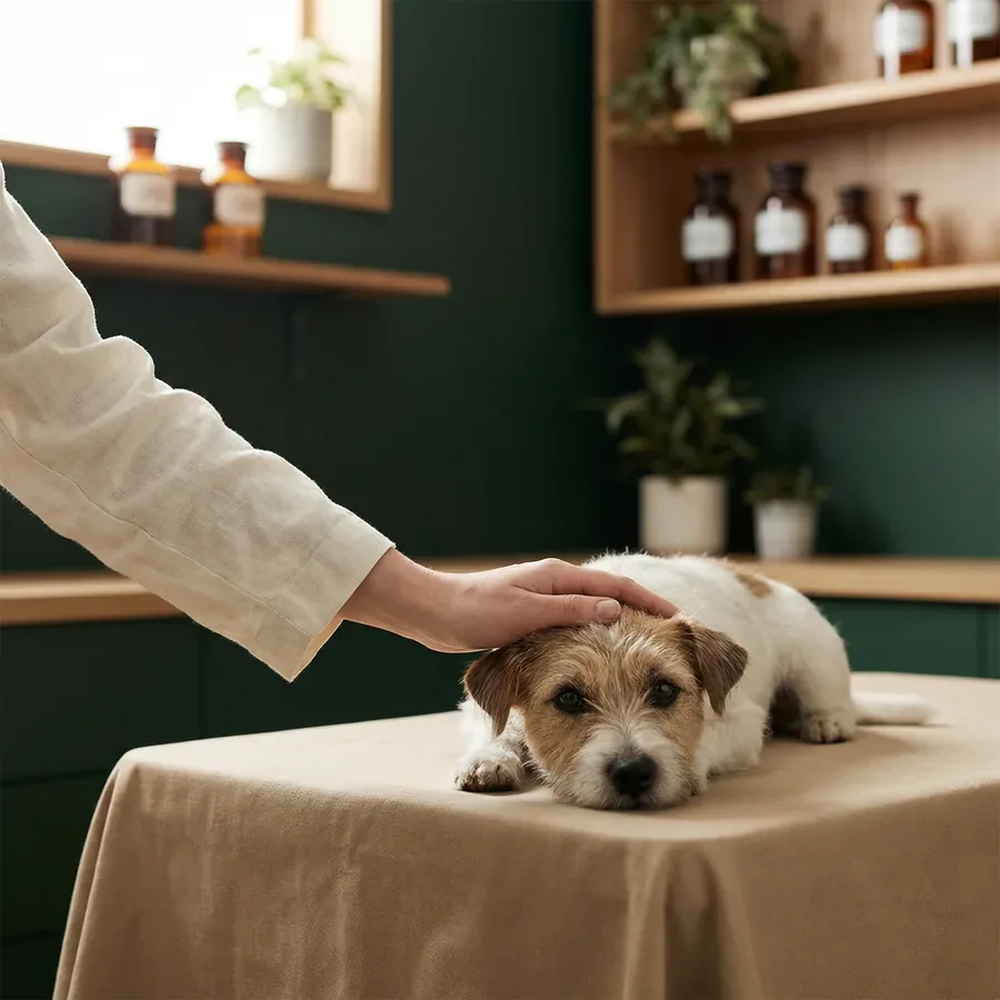 Mano de veterinario apoyada con suavidad sobre un perro pequeño en una mesa de examen