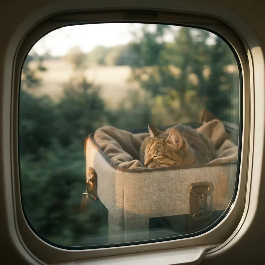 Gato calmo dentro de un transportín de tela mirando por la ventana del auto